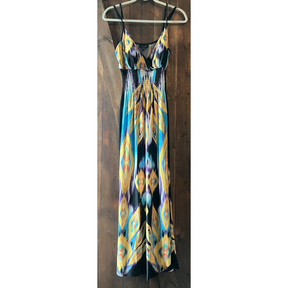 SNAP Maxi Dress Women's 1X Multicolor Ruched Waist Blue Black Abstract Beach